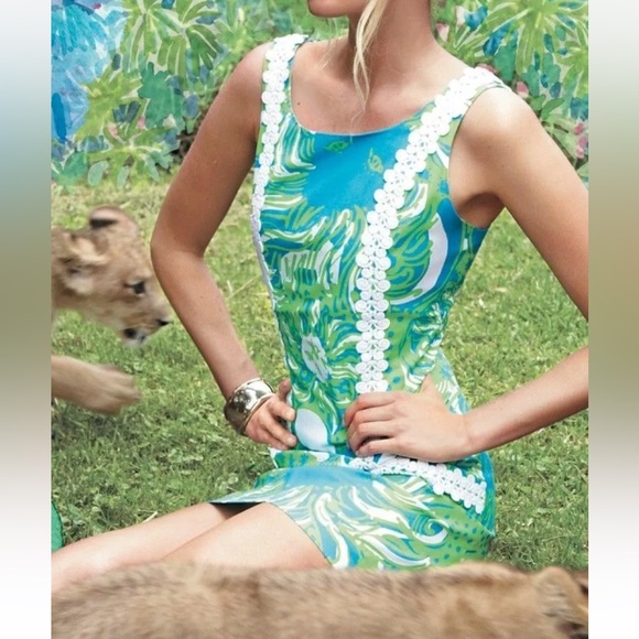 💚💙Lilly Pulitzer Limeade Roar of The Jungle Blue & Green Shift Dress Size 0💚 - Picture 9 of 16
